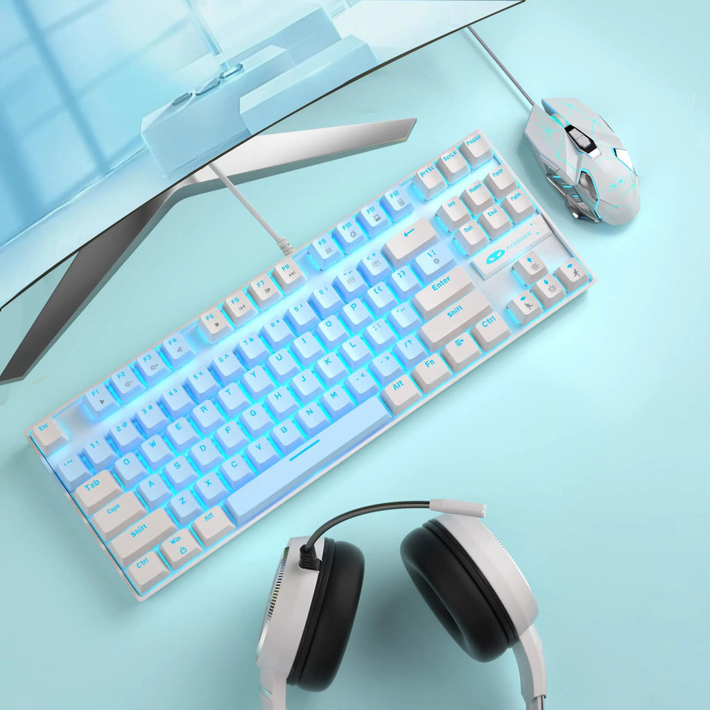 75% Mechanical Gaming Keyboard with Blue Switch, LED Blue Backlit Keyboard, 87 Keys Compact TKL Wired Computer Keyboard for Windows Laptop PC Gamer - Blue/White