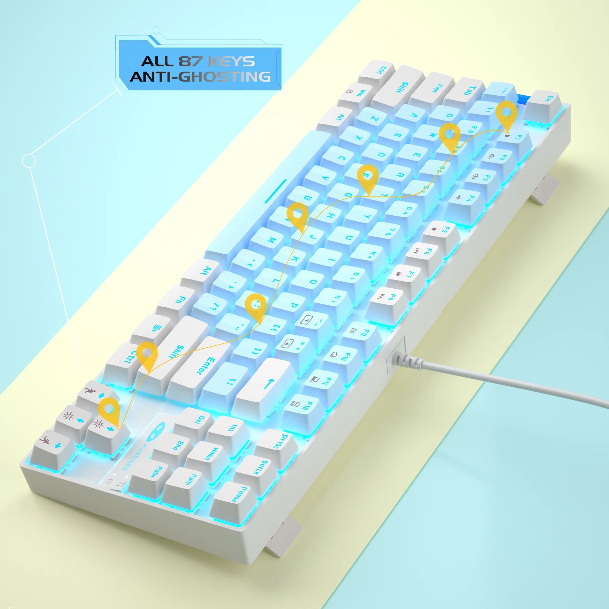 75% Mechanical Gaming Keyboard with Blue Switch, LED Blue Backlit Keyboard, 87 Keys Compact TKL Wired Computer Keyboard for Windows Laptop PC Gamer - Blue/White