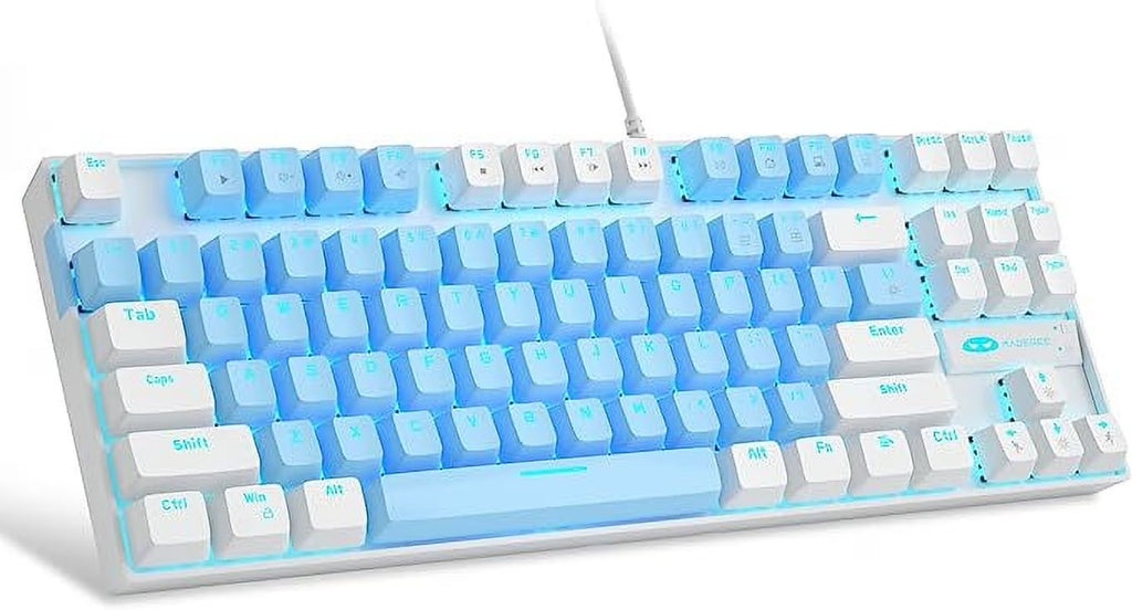 75% Mechanical Gaming Keyboard with Blue Switch, LED Blue Backlit Keyboard, 87 Keys Compact TKL Wired Computer Keyboard for Windows Laptop PC Gamer - Blue/White