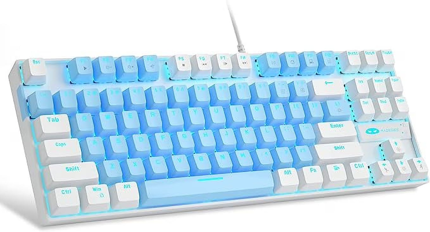 75% Mechanical Gaming Keyboard with Blue Switch, LED Blue Backlit Keyboard, 87 Keys Compact TKL Wired Computer Keyboard for Windows Laptop PC Gamer - Blue/White
