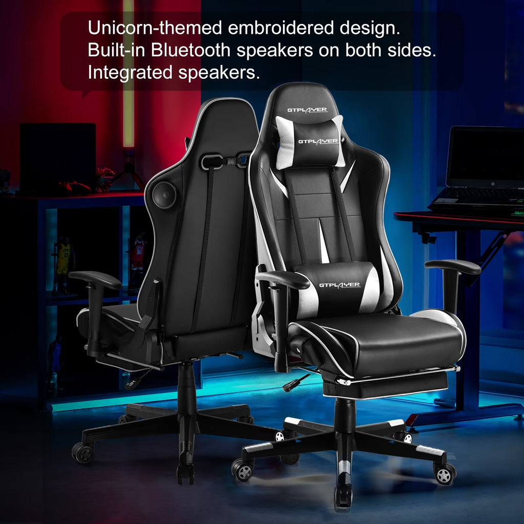 GTRACING Music Gaming Chair with Footrest Ergonomic Reclining PU Leather Office Chair, White